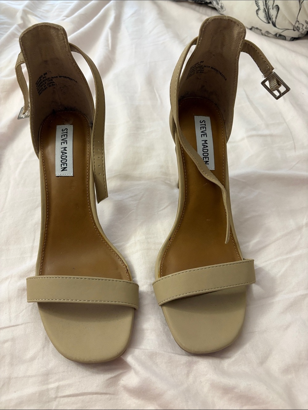 Steve Madden Beige Ankle-Strap Block Heel Sandals
